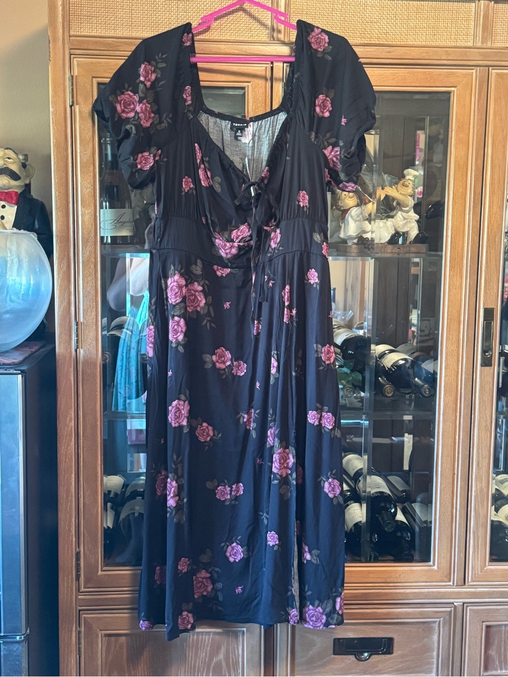 Black Floral Midi Dress with Pink Rose Print